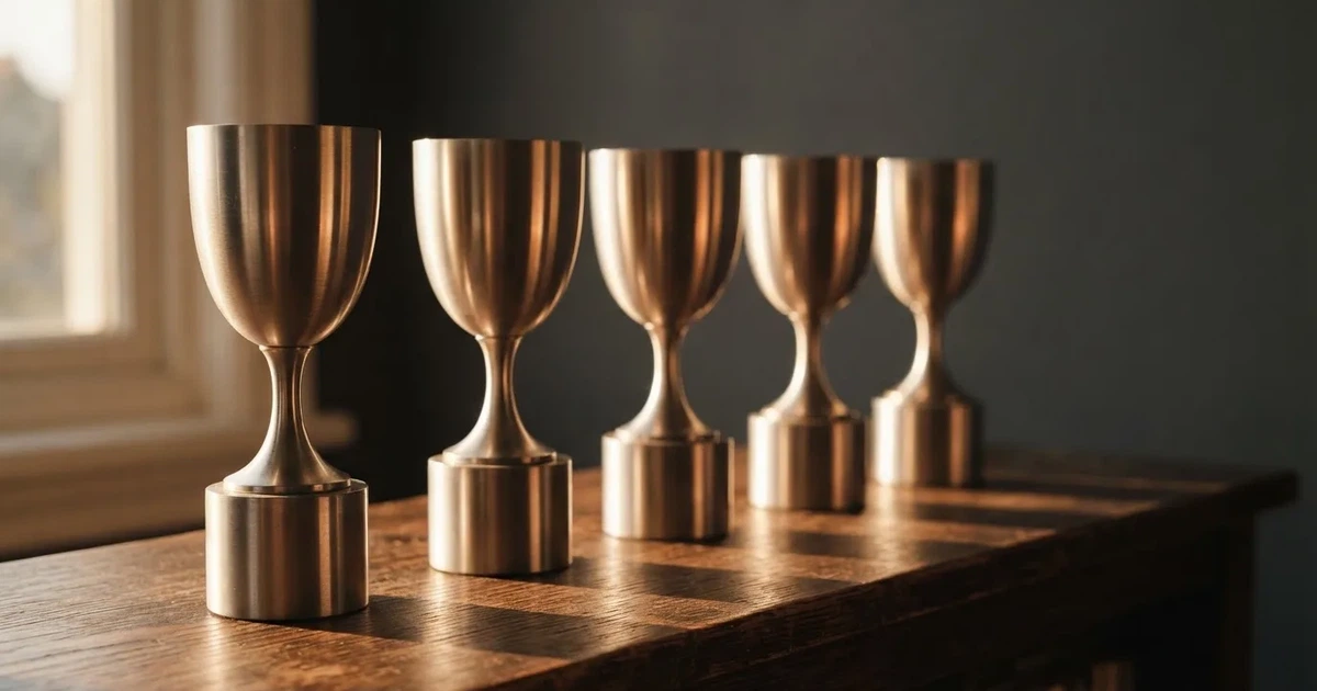Fünf Pokale aus Metall ohne Gravur stehen nebeneinander auf einem Regal, das Licht fällt von der Seite.