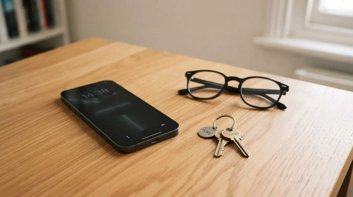 Ein Smartphone liegt mit dunklem Display auf einem Schreibtisch neben einem Schlüsselbund und einer Brille.