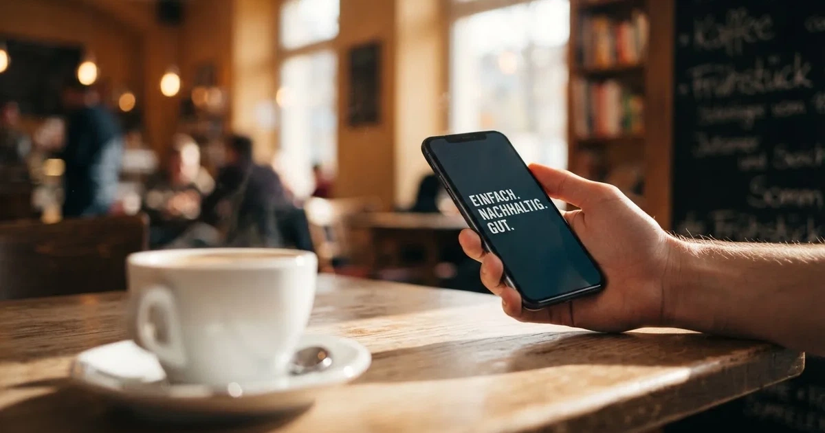 Eine Hand hält ein Smartphone mit dunklem Display, im Hintergrund unscharf ein Café-Tisch mit einer Tasse.