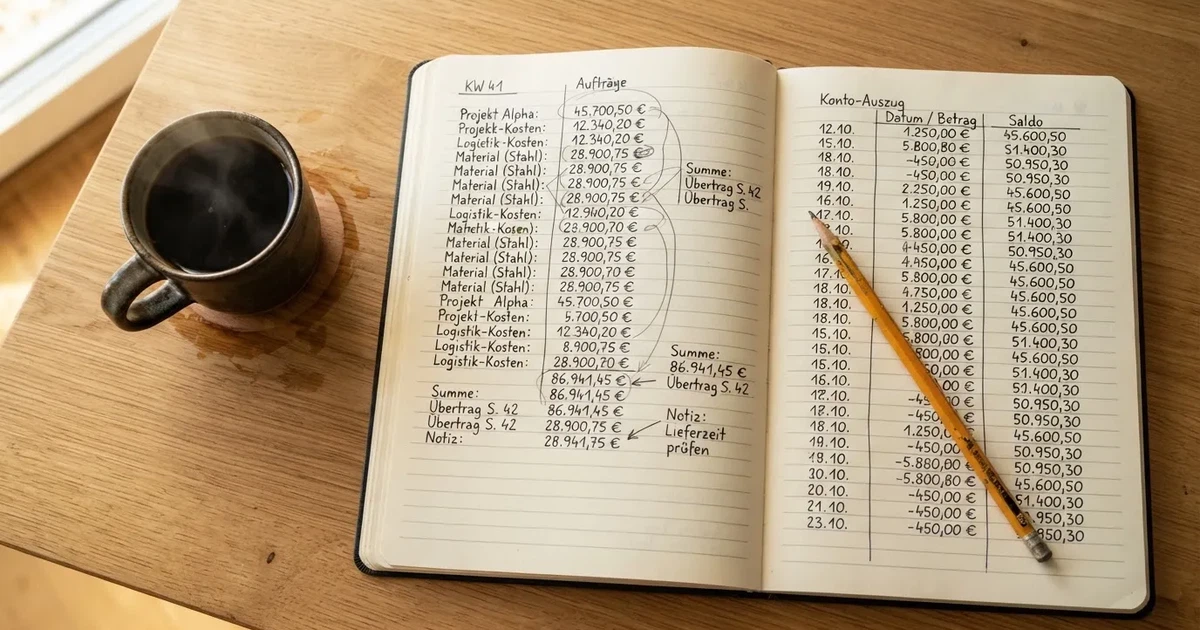 Handschriftliche Zahlenkolonnen in einem Notizbuch, daneben ein Bleistift und eine Tasse Kaffee auf hellem Holz.
