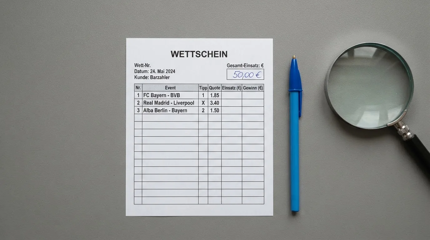 Ein leerer Wettschein aus Papier und ein Kugelschreiber liegen auf einem Schreibtisch neben einer Lupe.