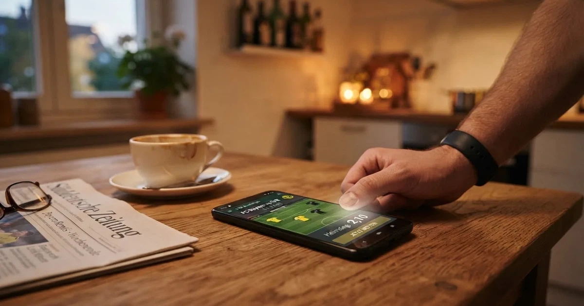 Ein Daumen schwebt über einem Smartphone mit dunklem Display, das auf einem Küchentisch neben einer Tasse liegt.