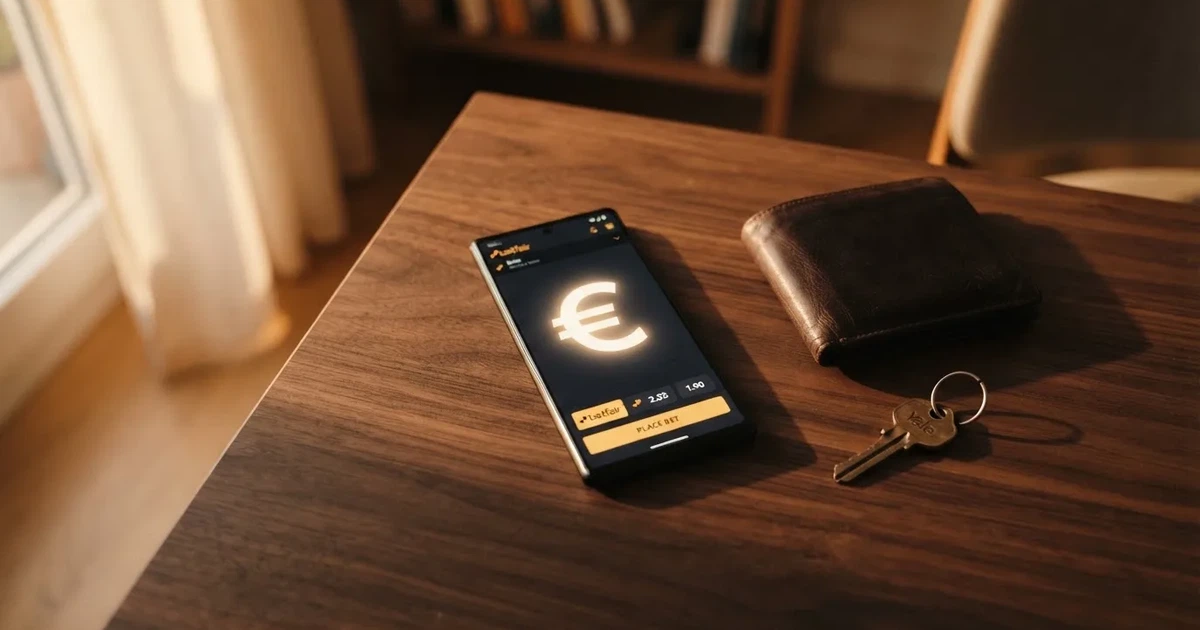 Ein Smartphone mit dunklem Display liegt neben einer Geldbörse und einem Schlüssel auf einem Tisch.