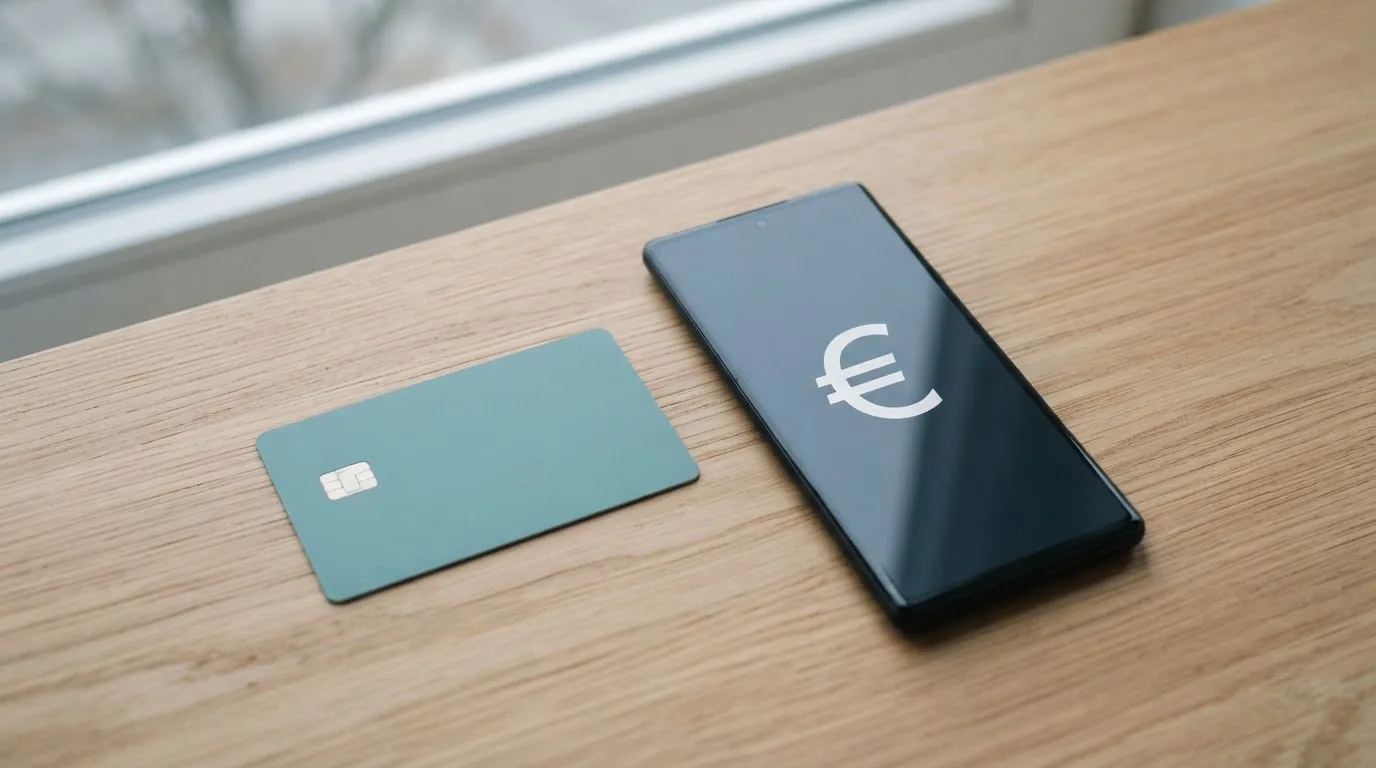 Eine Bankkarte ohne Aufdruck liegt neben einem Smartphone mit dunklem Display auf einem Holztisch.