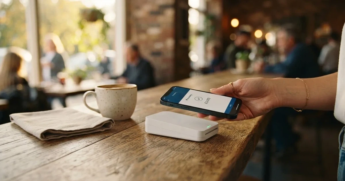 Eine Hand hält ein Smartphone dicht an ein Kartenlesegerät ohne erkennbare Beschriftung in einem Café.