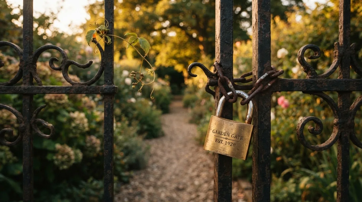 Ein Vorhängeschloss hängt an einem Gartentor im Abendlicht, dahinter ein unscharfer Weg.