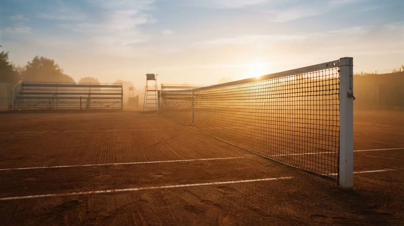 Ein Tennisplatz aus Sand bei Sonnenaufgang, das Netz im Gegenlicht, kein Mensch zu sehen.