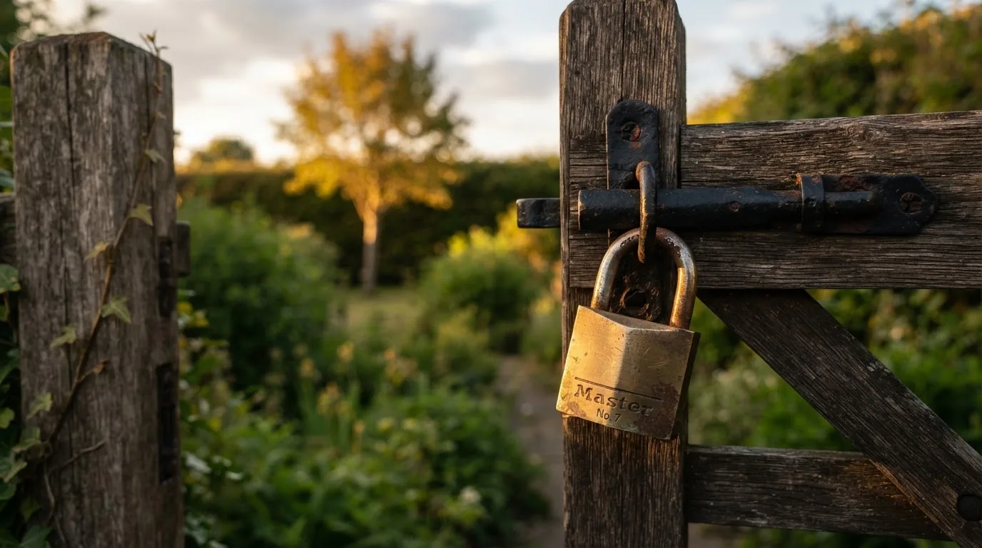 Ein Vorhängeschloss hängt an einem Holztor, dahinter unscharf ein Garten im Abendlicht.