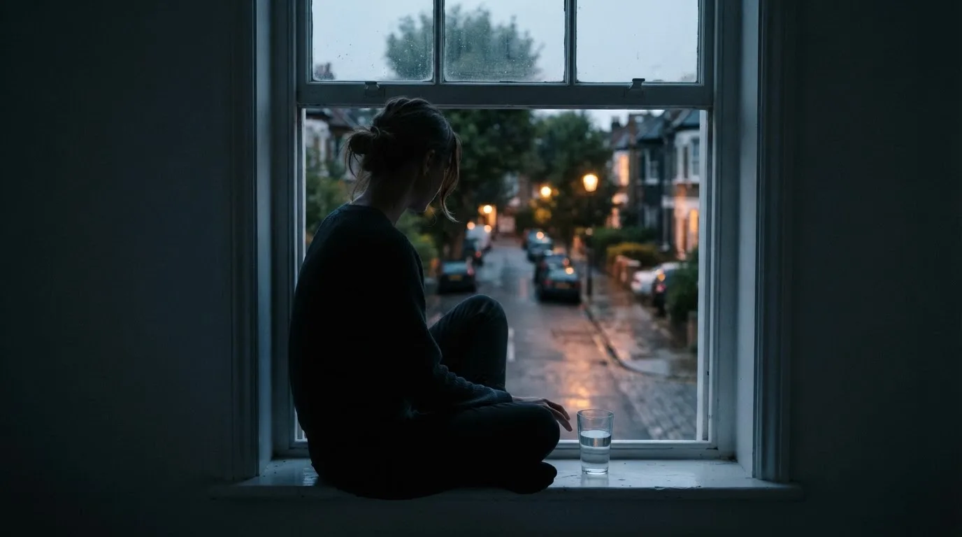 Die Silhouette einer Person sitzt am Abend am Fenster und blickt auf eine Straße, auf dem Fensterbrett steht ein Glas Wasser.