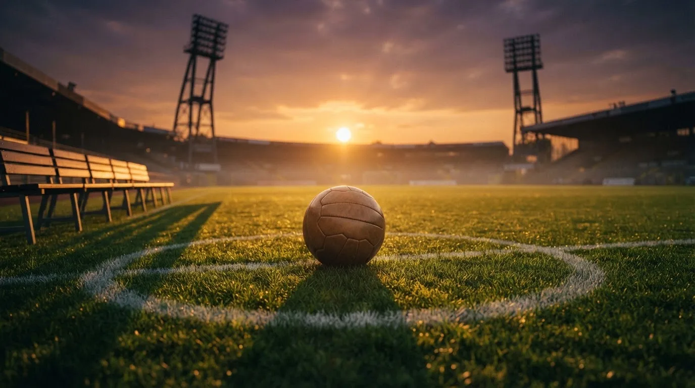 Ein Fußball auf einem Rasenplatz im Gegenlicht der tiefstehenden Sonne, am Spielfeldrand eine leere Ersatzbank.