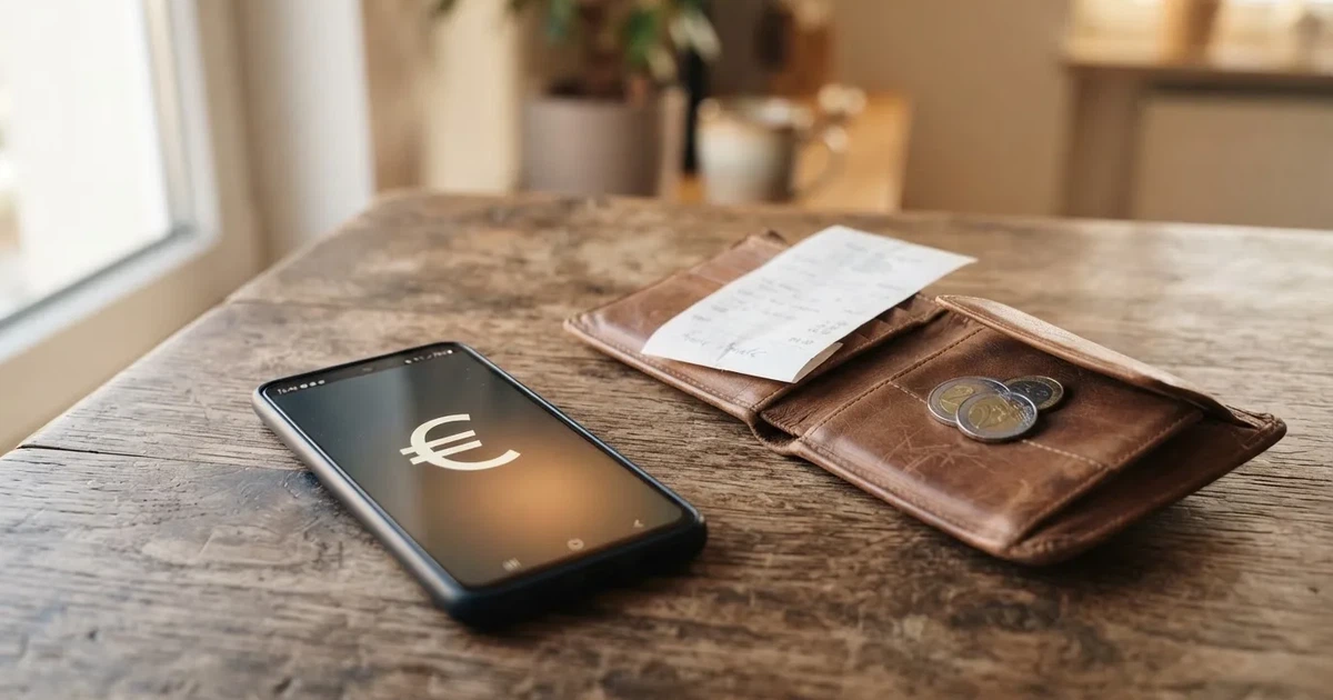 Ein Smartphone mit dunklem Bildschirm liegt neben einer Geldbörse und wenigen Münzen auf einem Holztisch im weichen Fensterlicht.