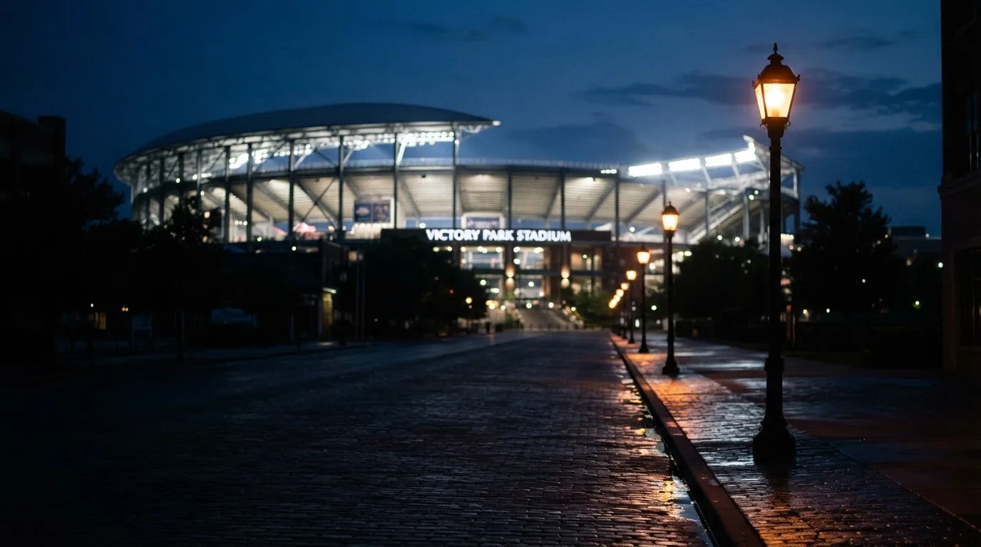 Ein Stadion unter Flutlicht aus der Ferne gesehen, davor eine dunkle Straße mit Laternen und ohne Menschen.