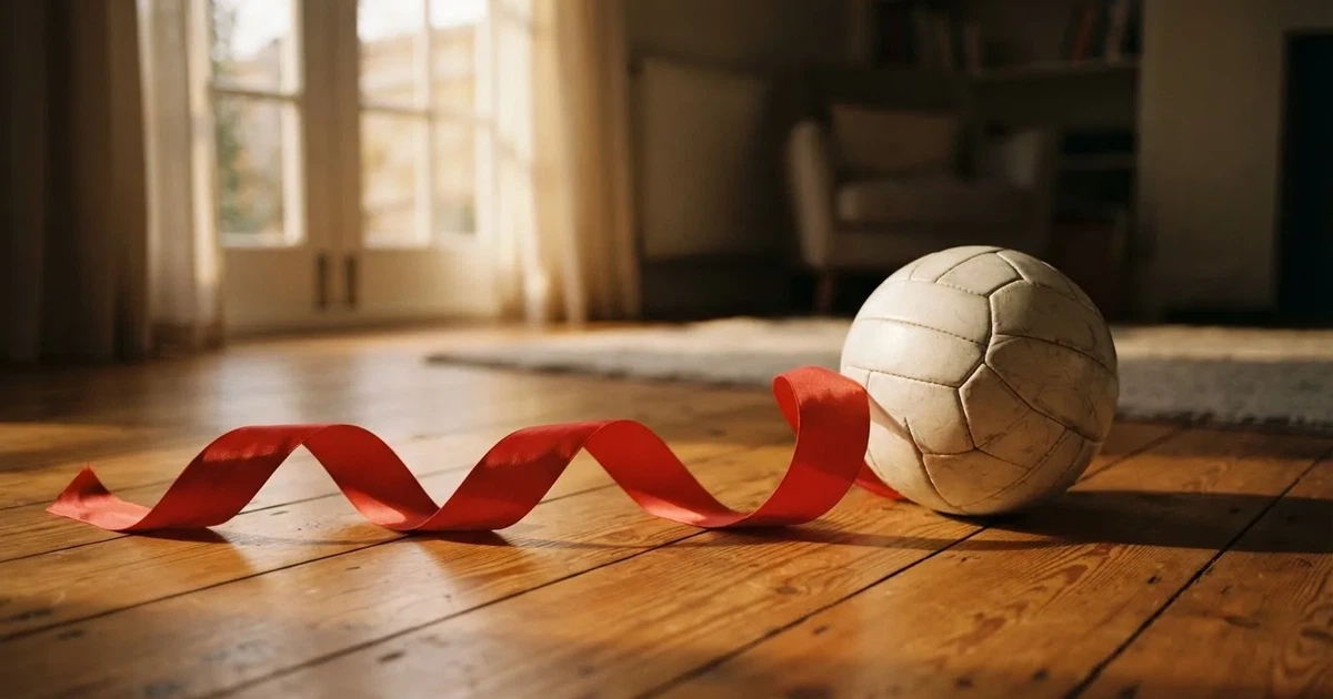 Ein Geschenkband liegt neben einem Fußball auf einem Holzboden, gedämpftes Licht fällt von einem Fenster herein.