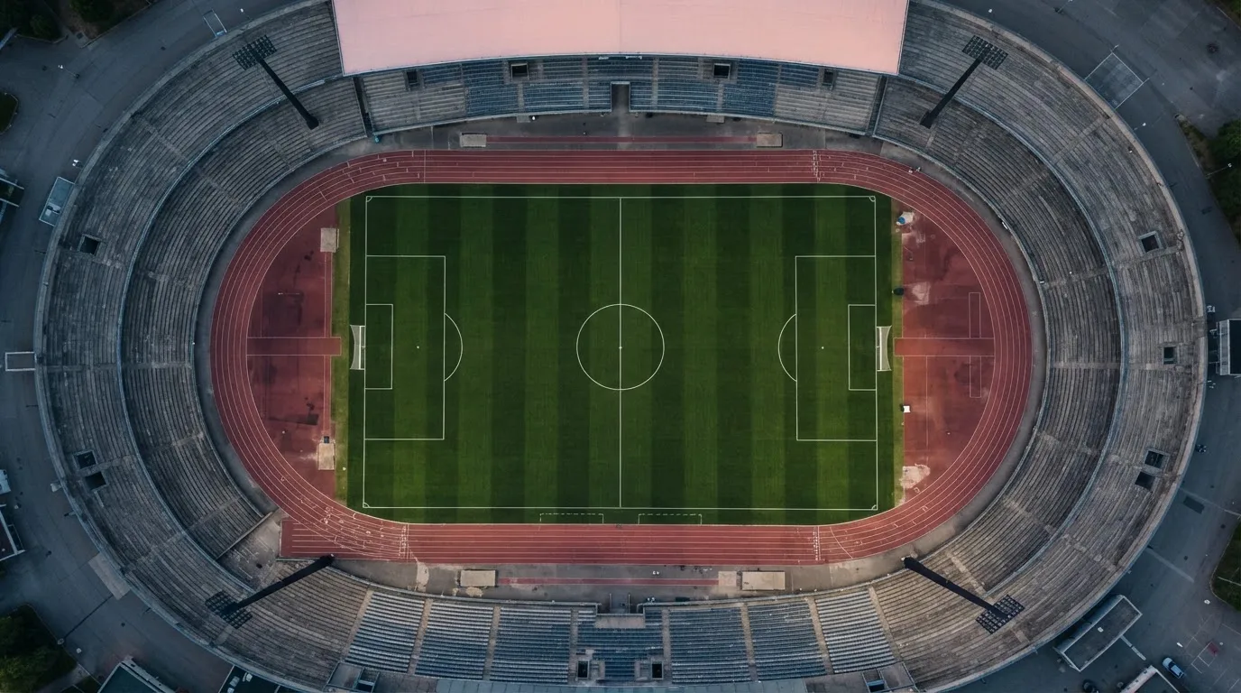Ein Fußballplatz am Abend aus der Vogelperspektive, Flutlichtmasten ausgeschaltet, die Rasenlinien deutlich sichtbar.
