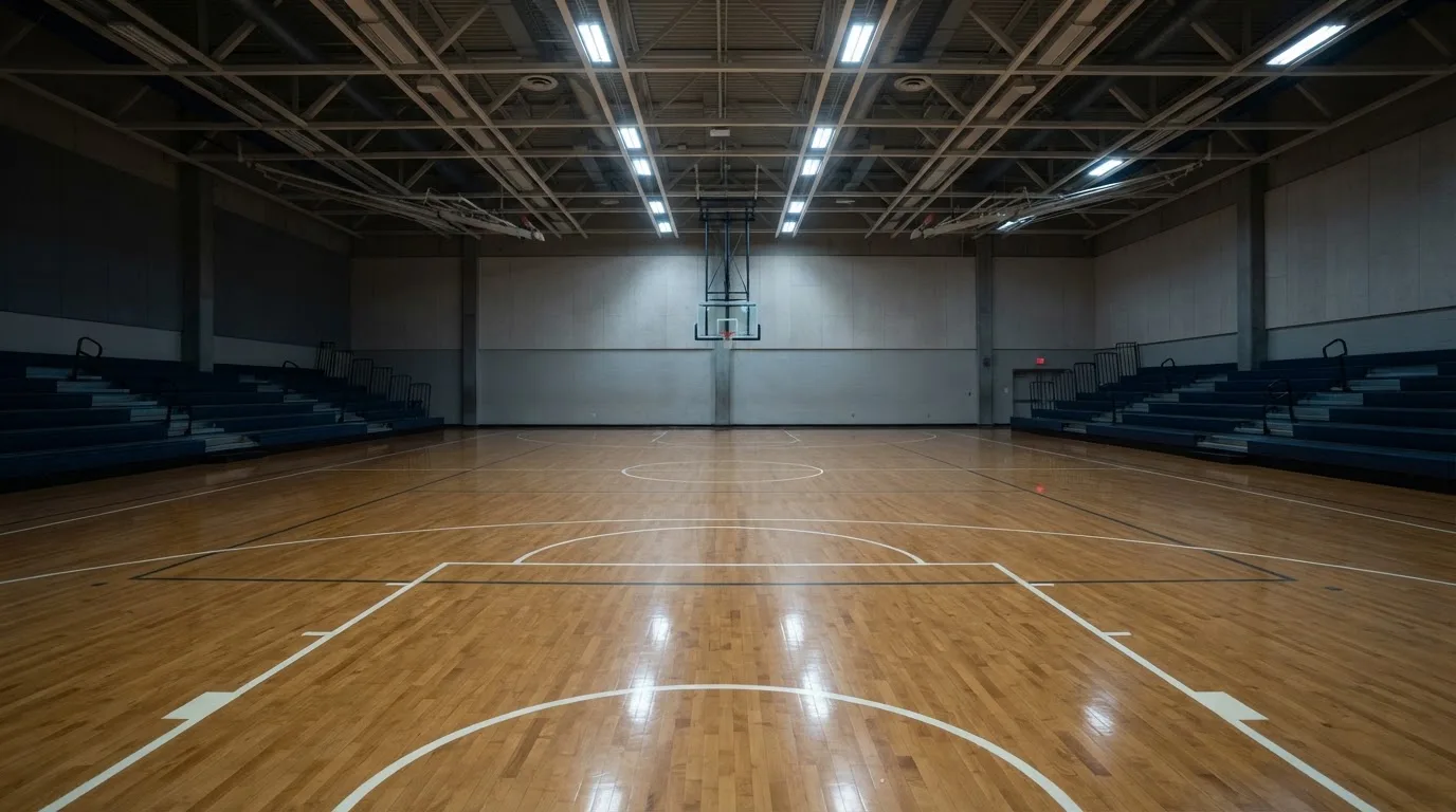 Ein Basketballfeld in einer leeren Halle, das Parkett spiegelt das Licht der Deckenlampen.
