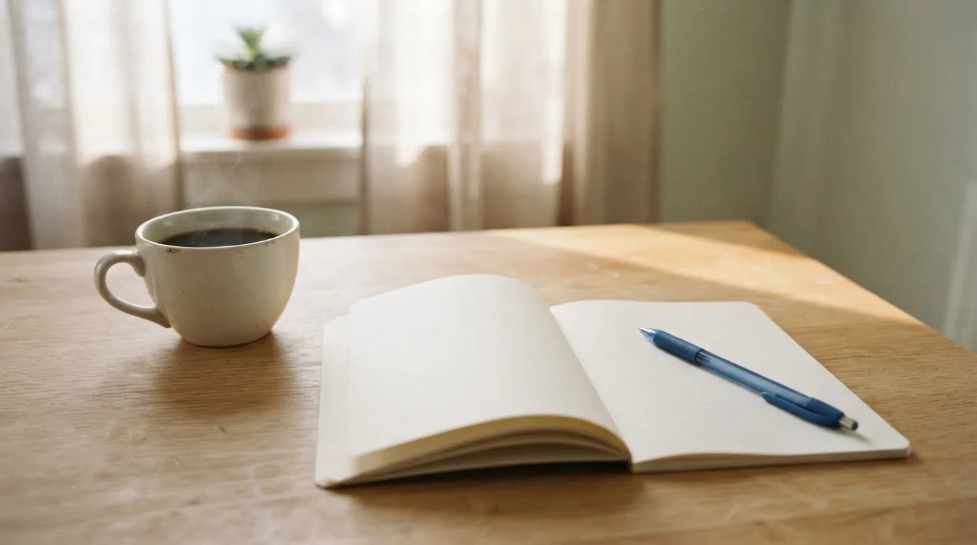 Eine Tasse Kaffee, ein Kugelschreiber und ein aufgeschlagenes leeres Notizbuch auf einem Küchentisch am Fenster.