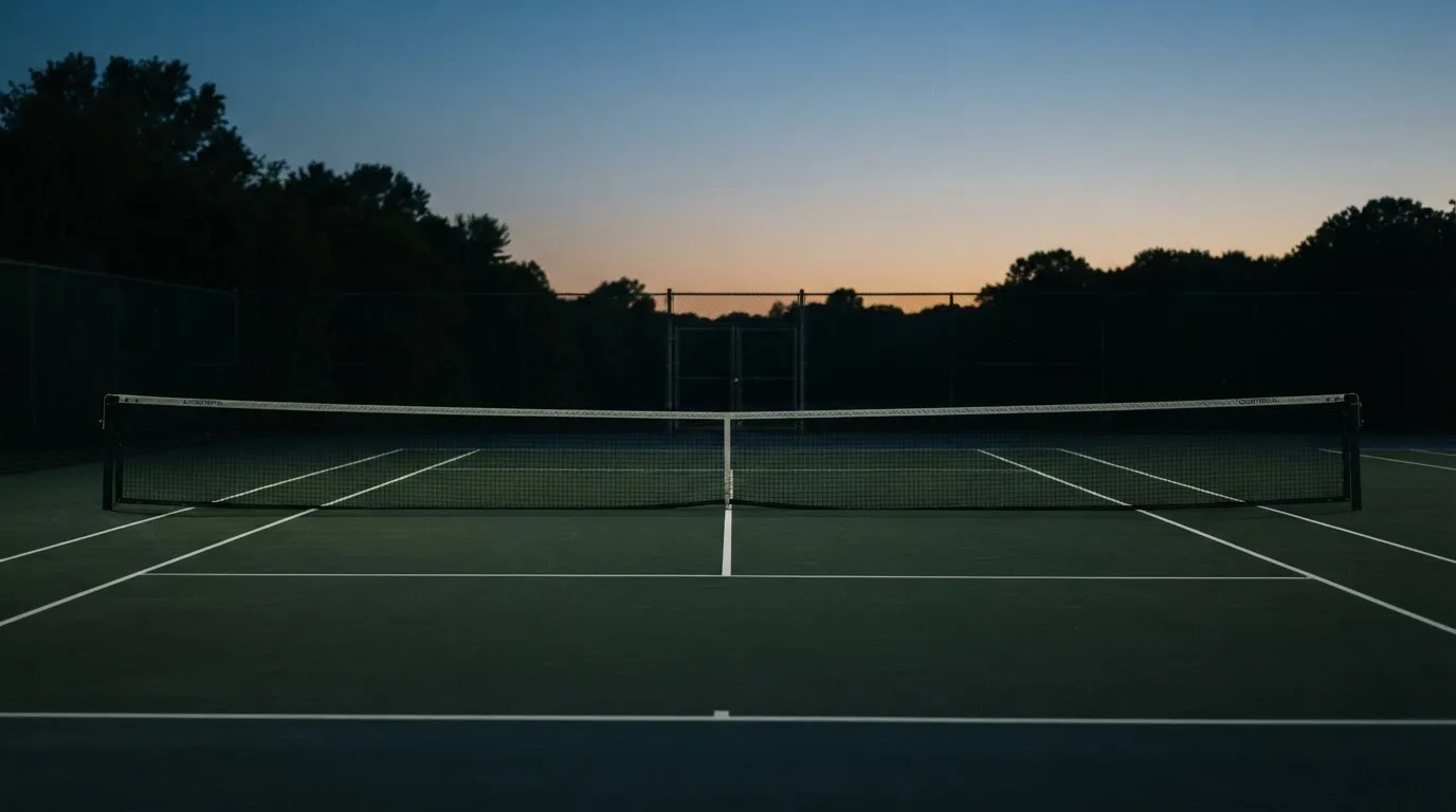 Ein Tennisplatz in der Dämmerung, Netz und Linien im Zwielicht, ohne Menschen und mit ruhigem Himmel.