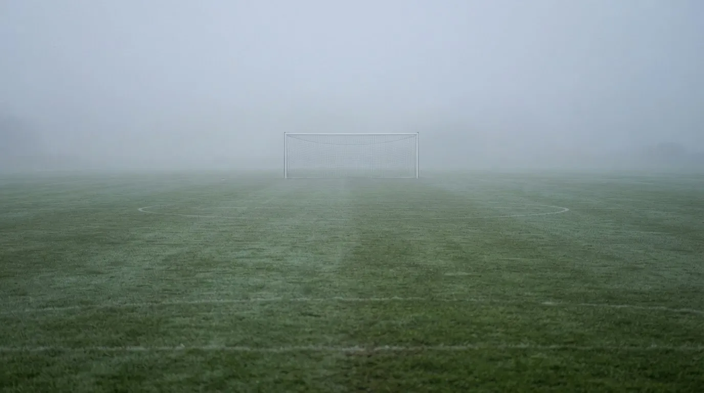 Ein Fußballtor mit Netz im Morgennebel auf einem leeren Platz, die Linien nur schwach zu erkennen.