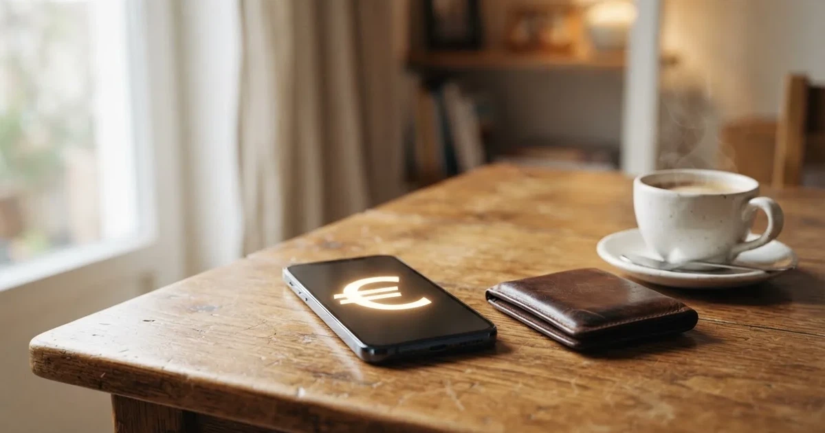 Ein Smartphone mit dunklem Bildschirm liegt auf einem Holztisch neben einem Portemonnaie und einer Kaffeetasse im Fensterlicht.