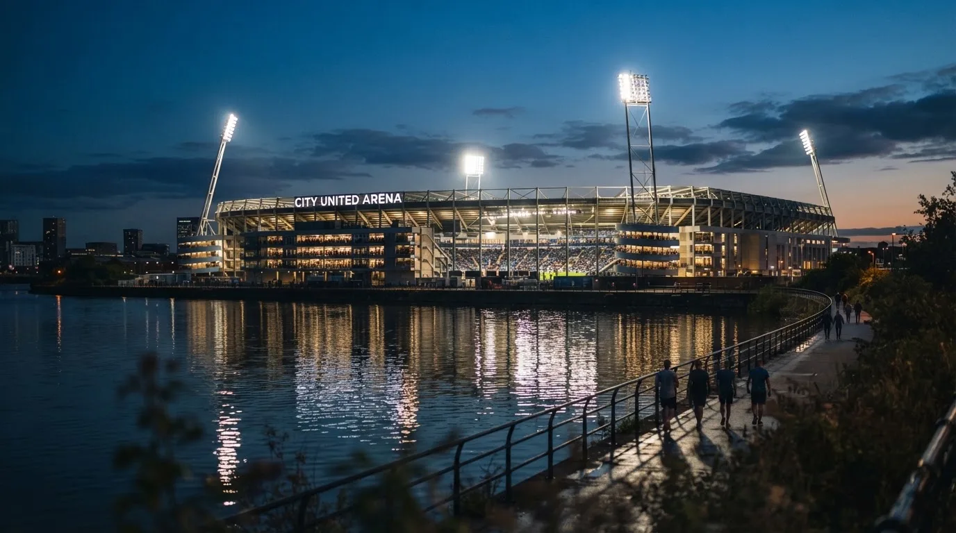 Ein Stadion unter Flutlicht aus der Ferne gesehen, im Vordergrund ein ruhiger Fluss und ein Fußweg.