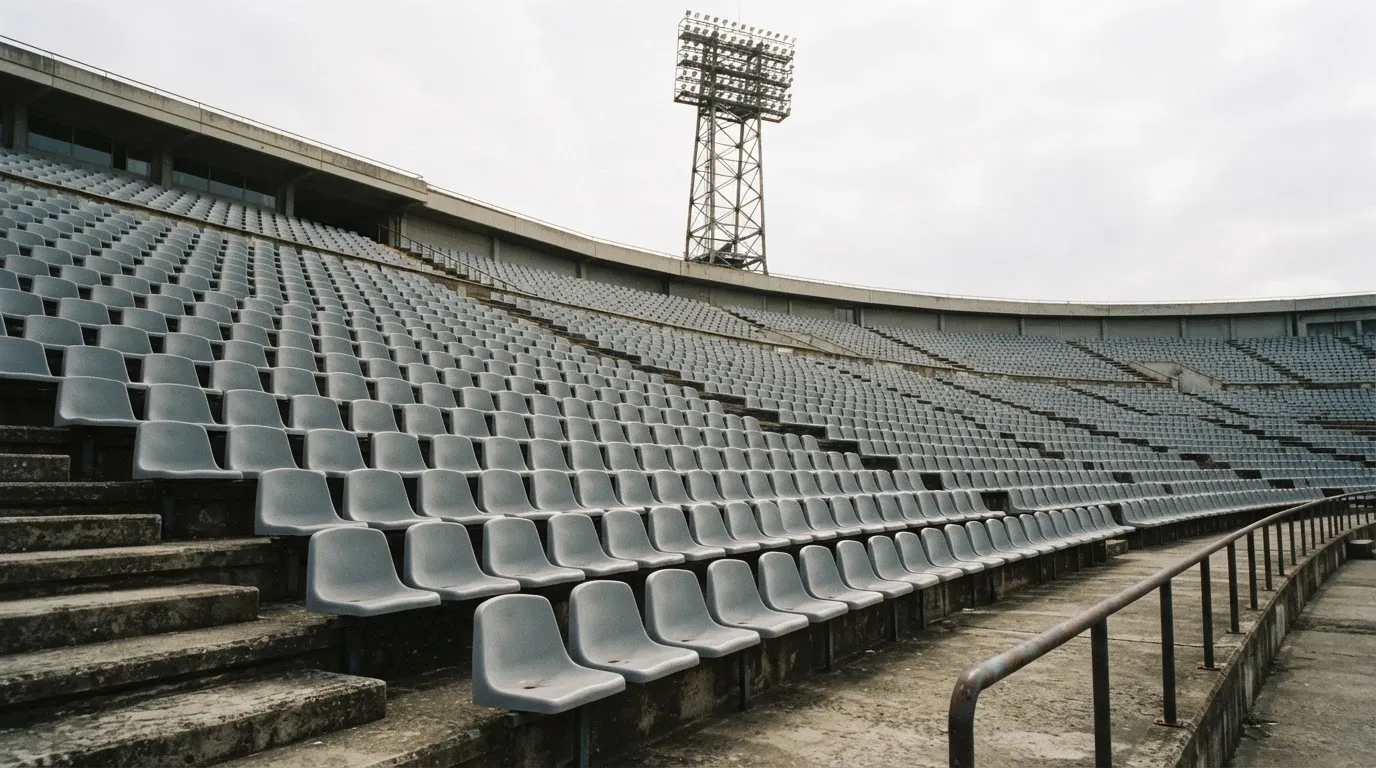 Eine leere Tribüne eines Fußballstadions bei Tageslicht, Sitzschalen in Reihen und dahinter ein Flutlichtmast.