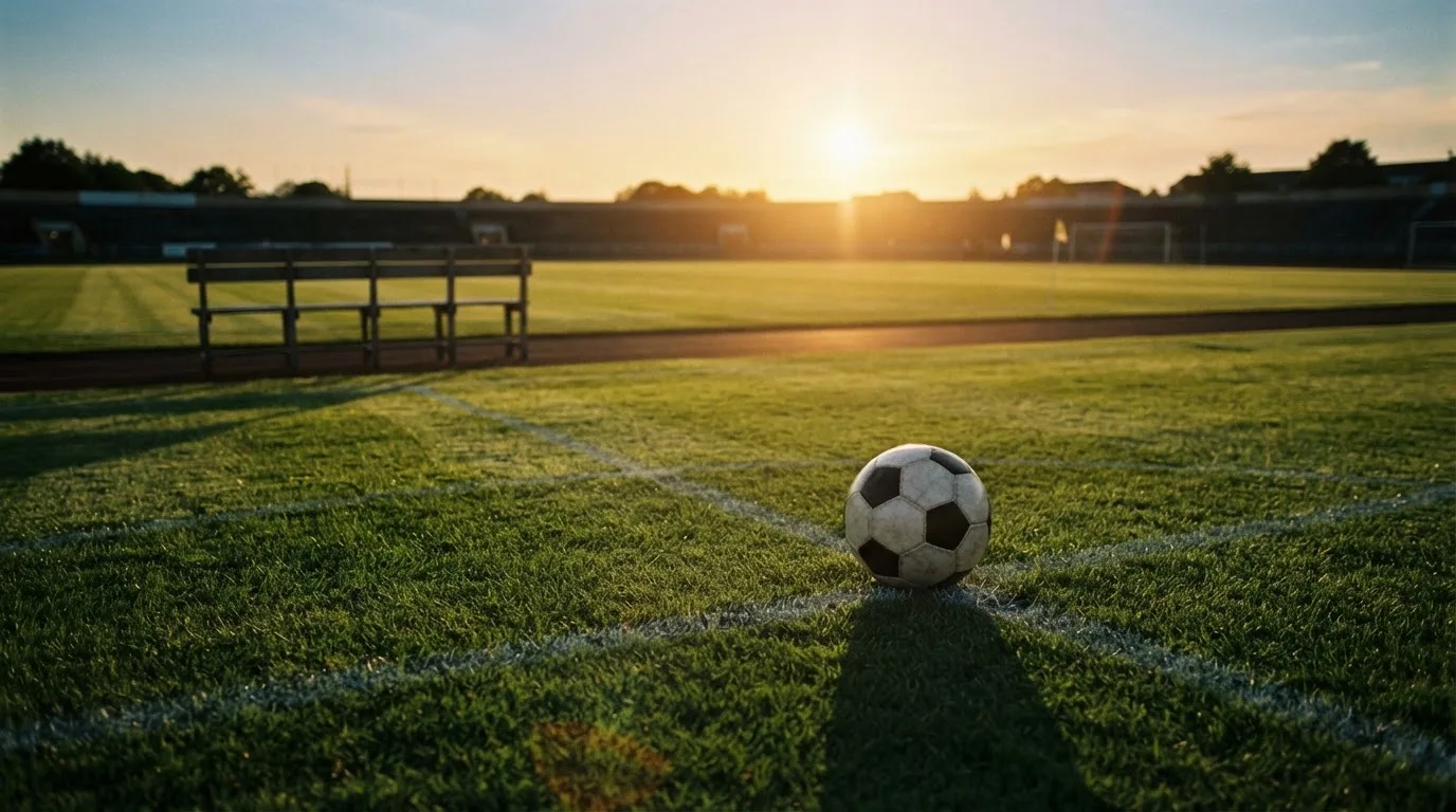 Ein Fußball auf einem Rasenplatz im Gegenlicht der tiefstehenden Sonne, am Rand eine leere Ersatzbank.