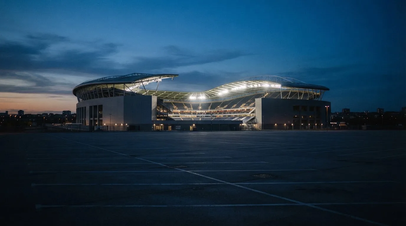 Ein Stadion unter Flutlicht aus der Ferne gesehen, davor ein leerer Parkplatz in der Dämmerung.