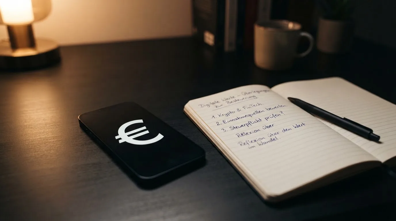 Eine einzelne Metallmünze liegt auf einem dunklen Schreibtisch neben einem Notizbuch und einem Stift.