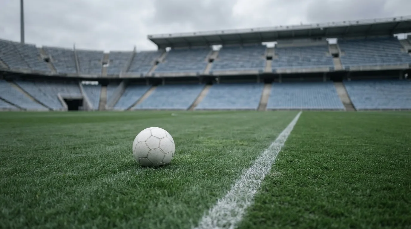 Ein Fußball auf einem Rasen, im Hintergrund ein leeres Stadion bei bewölktem Himmel.