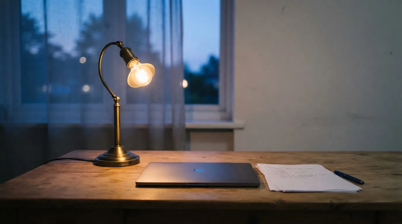 Ein Schreibtisch mit Lampe und geschlossenem Laptop in einem ruhigen Büro bei Abendlicht.