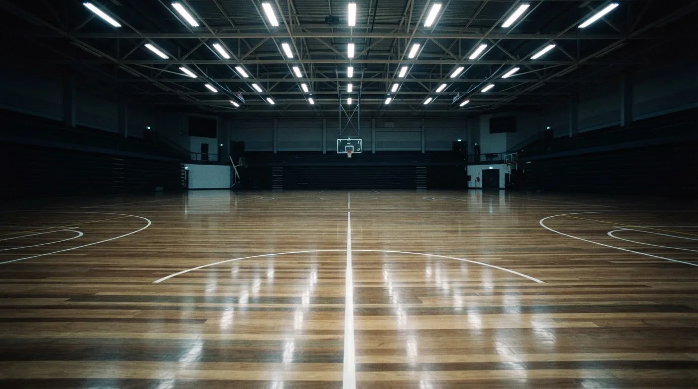 Ein Basketballfeld in einer leeren Halle, das Parkett spiegelt das Deckenlicht.