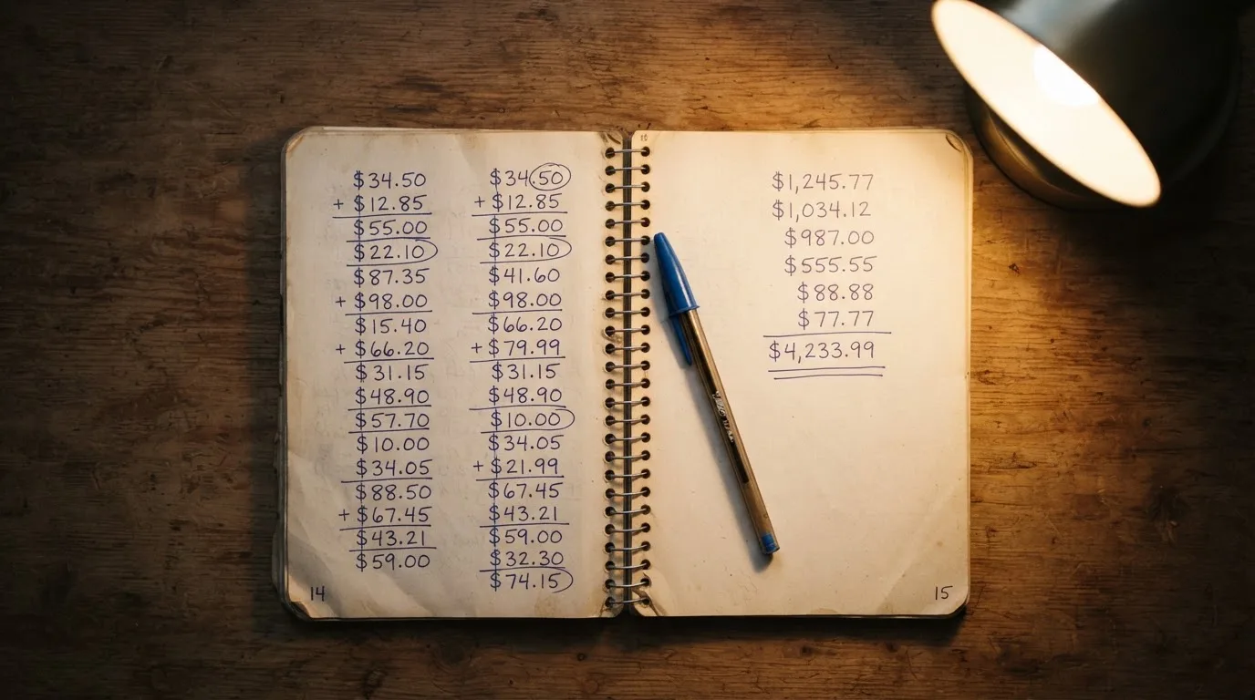 Ein Taschenrechner und ein Notizbuch mit handschriftlichen Zahlenreihen auf einem Schreibtisch neben einem Kugelschreiber.
