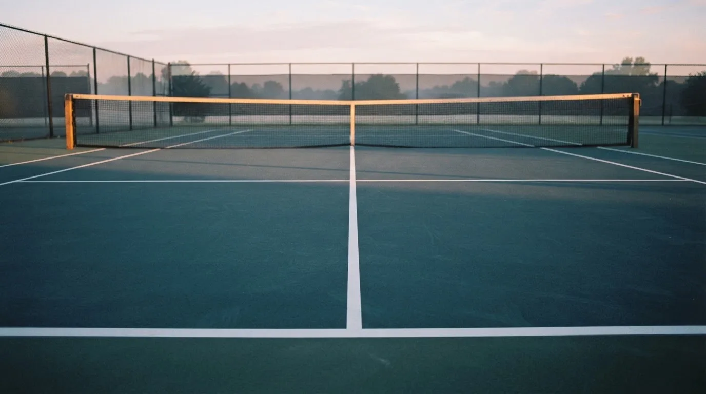 Ein Tennisplatz bei Sonnenaufgang, Netz und Linien im Streiflicht, ohne Menschen.