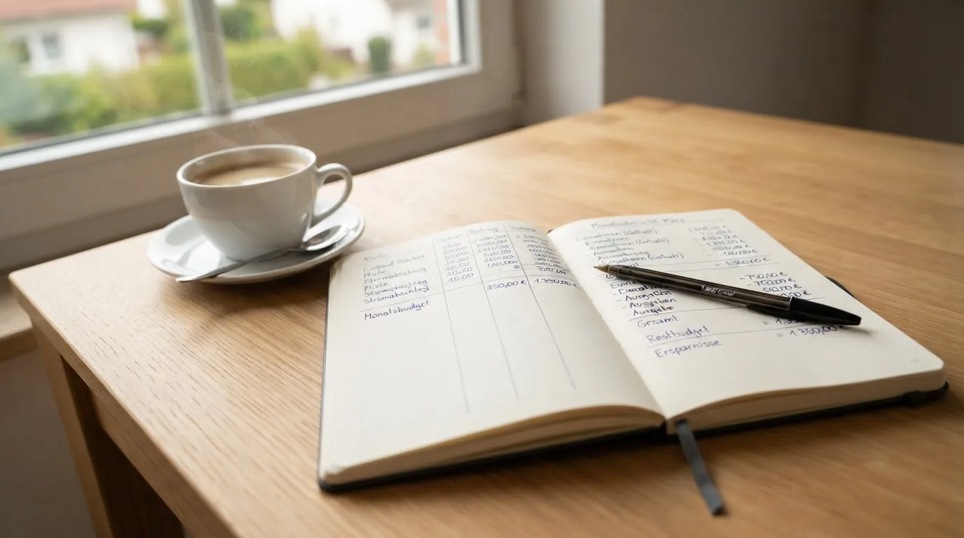 Ein aufgeschlagenes leeres Notizbuch mit Kugelschreiber neben einer Tasse Kaffee auf einem Tisch am Fenster.