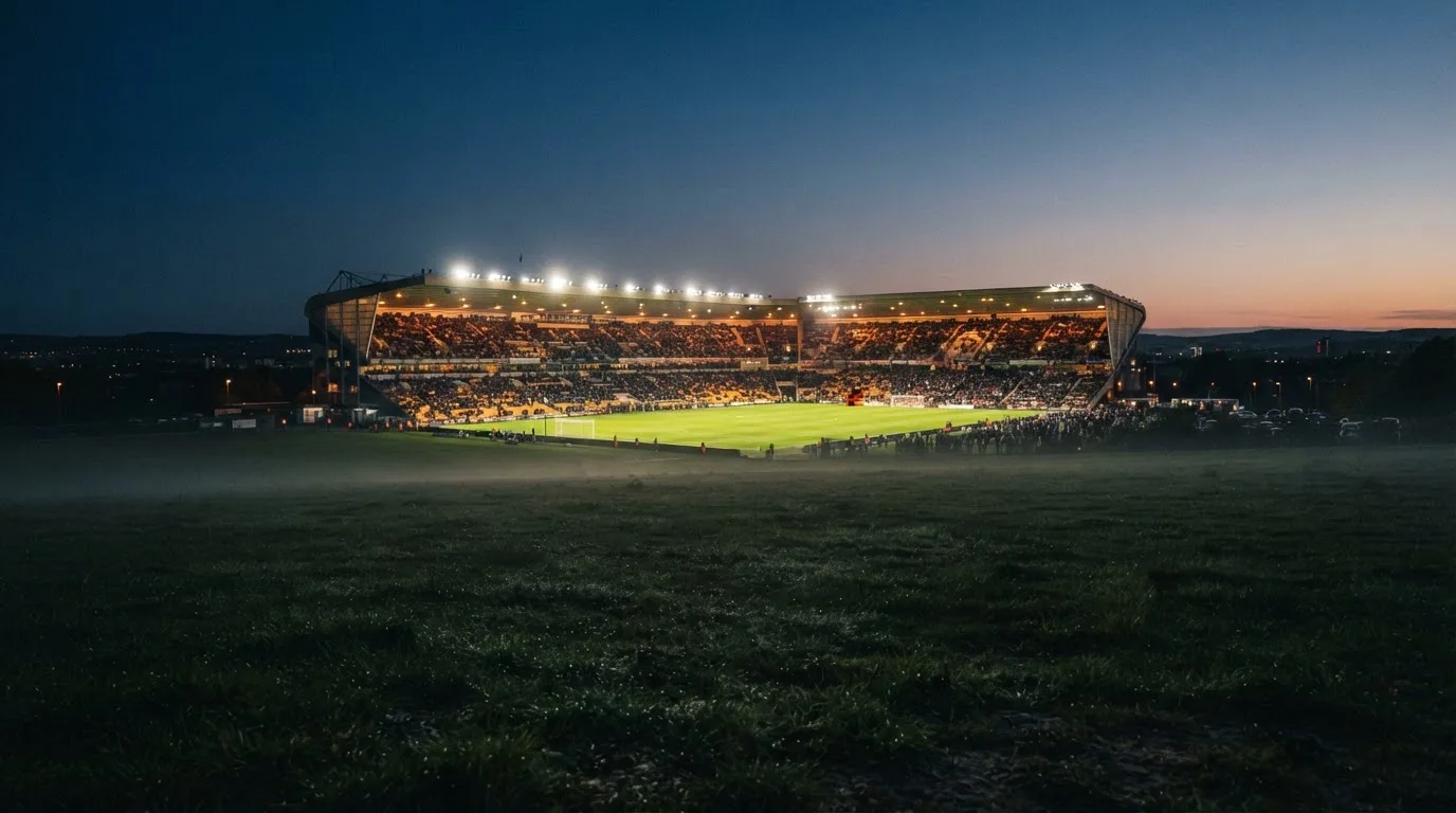 Ein Stadion unter Flutlicht aus der Ferne gesehen, im Vordergrund ein leeres Feld in der Dämmerung.