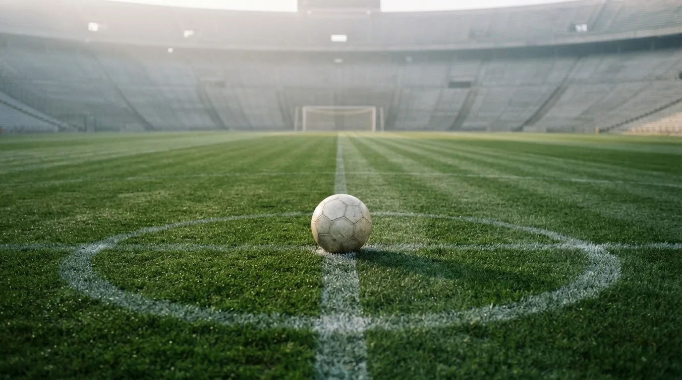 Ein Fußball liegt auf dem Anstoßpunkt eines leeren Rasenplatzes, im Hintergrund hängt Morgendunst über den Tribünen.