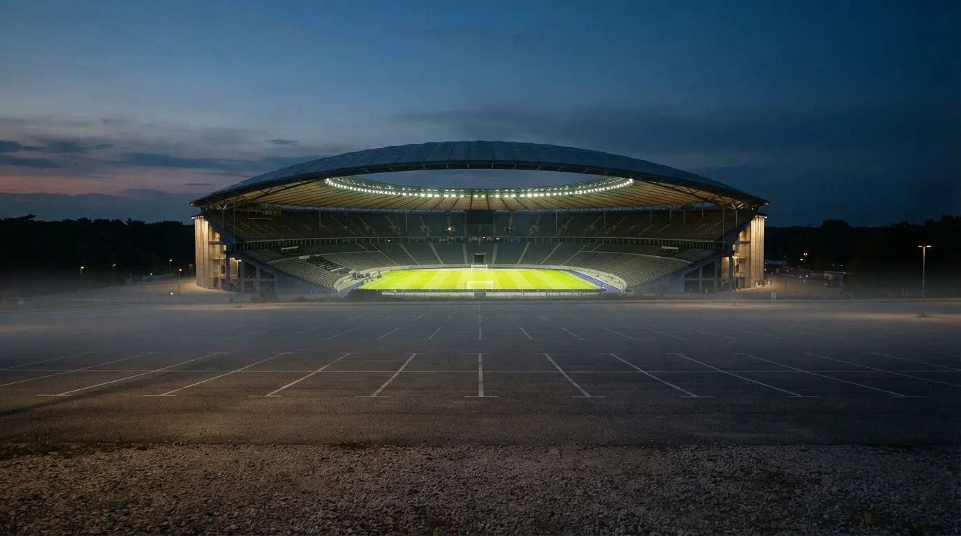 Ein Fußballstadion unter Flutlicht, aus großer Entfernung bei Einbruch der Dunkelheit gesehen, davor ein leerer Parkplatz.
