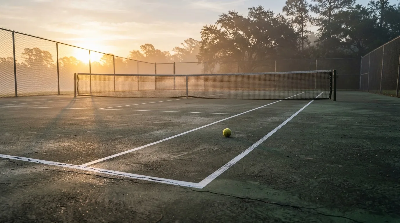 Ein Tennisplatz bei Sonnenaufgang, die Linien noch taufeucht, ein einzelner Ball liegt an der Grundlinie.