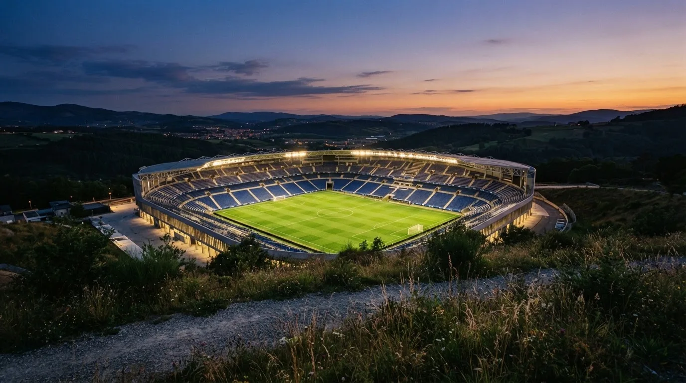 Ein leeres Stadion mit hell erleuchteten Rängen in der Abenddämmerung, von einem Hügel aus fotografiert.