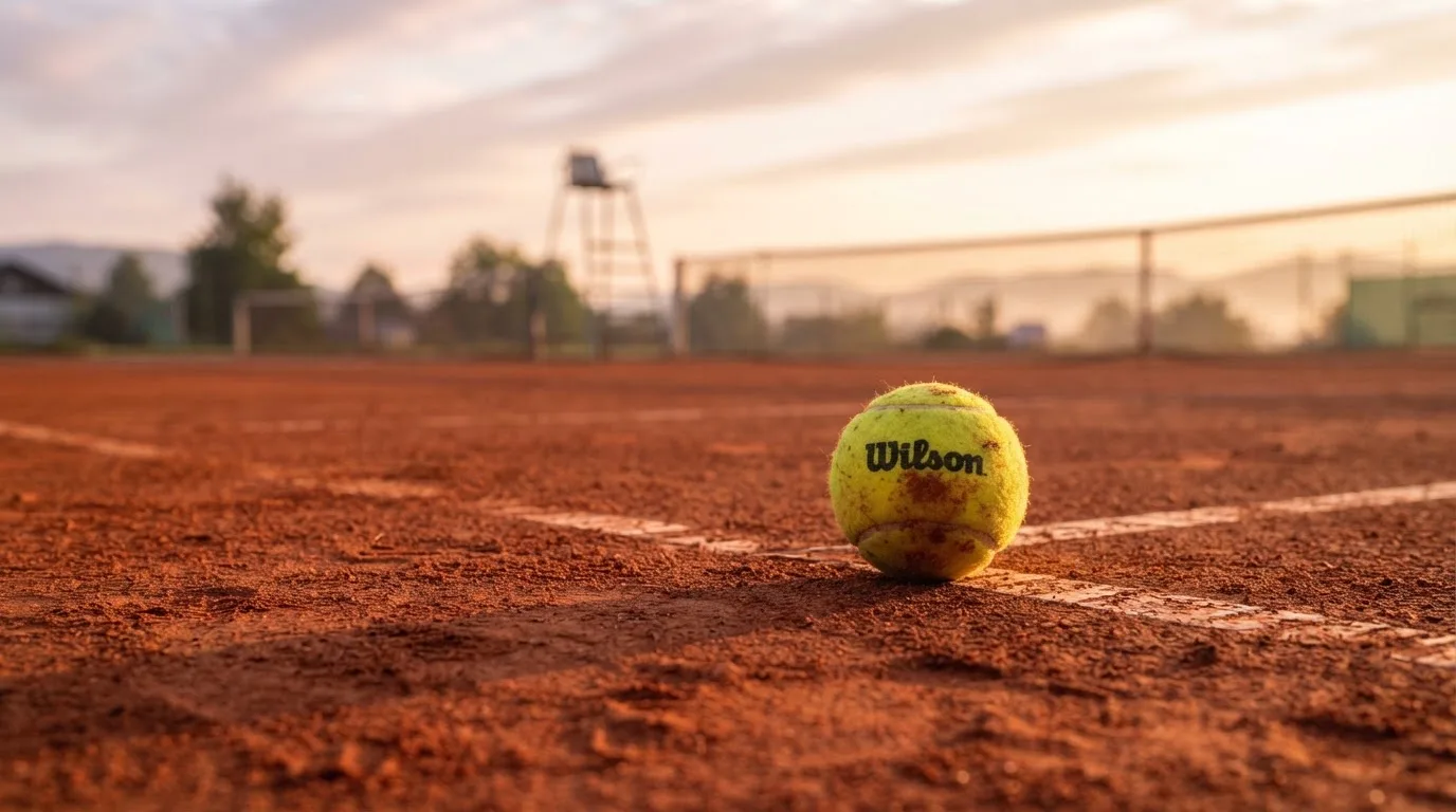 Ein Tennisball liegt auf einem roten Sandplatz bei Sonnenaufgang, im Hintergrund ein leerer Schiedsrichterstuhl.
