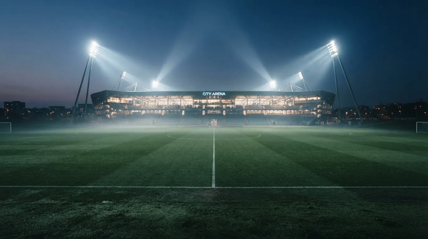 Ein Stadion unter Flutlicht aus der Ferne, davor ein stilles Feld im Dämmerlicht.
