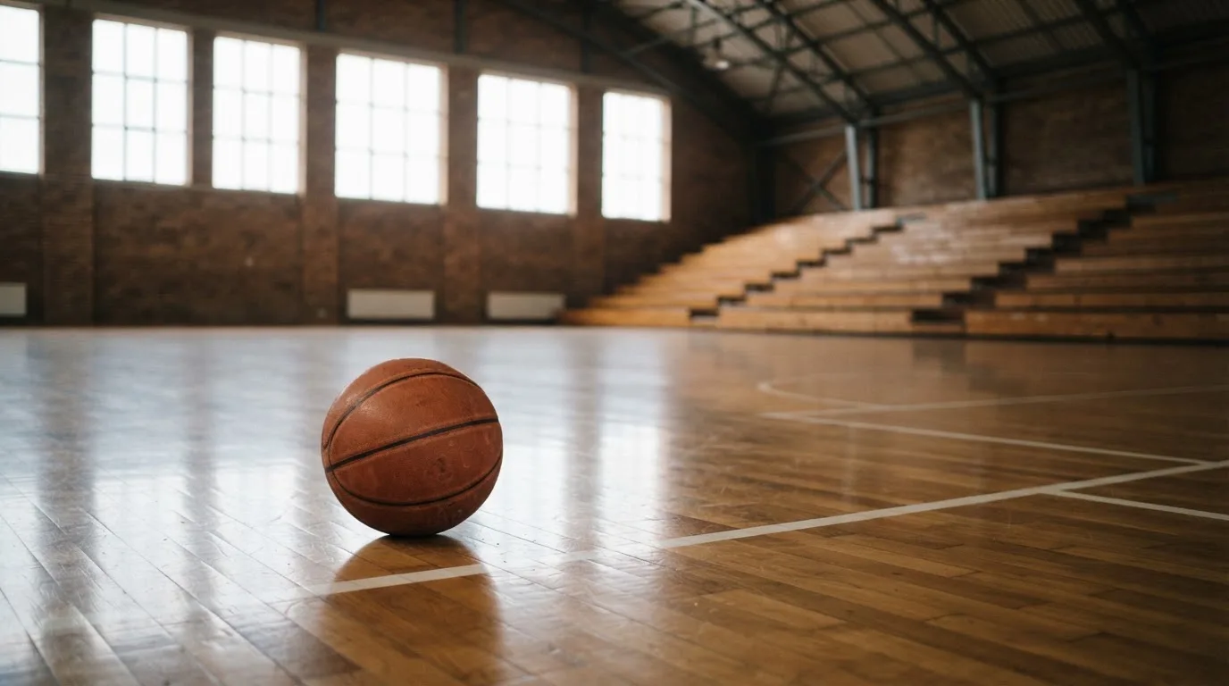 Ein Basketball liegt auf dem Parkett einer leeren Halle, Licht fällt durch hohe Fenster.