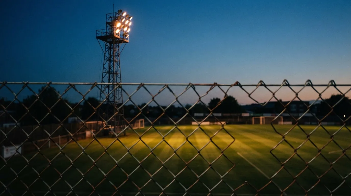 Eine Flutlichtanlage über einem leeren Sportplatz am Abend, im Vordergrund ein Maschendrahtzaun.