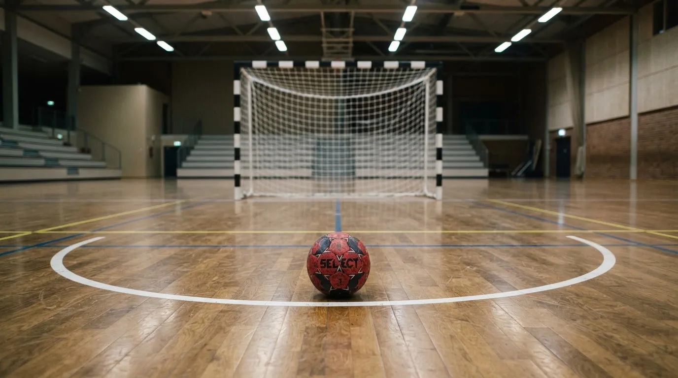 Ein Handball liegt in einer leeren Halle auf dem Boden vor dem Tor.