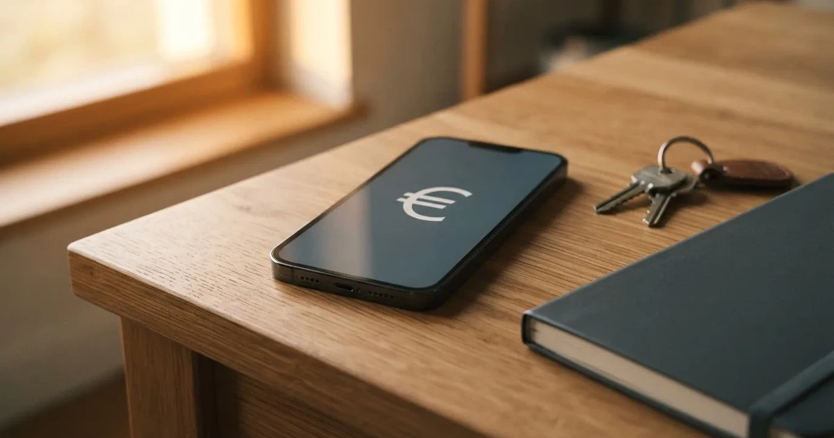 Ein Handy mit abgedunkeltem Display, ein Schlüsselbund und ein Notizblock liegen auf einem Holztisch.