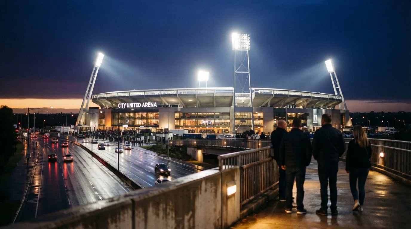 Ein Stadion bei Dämmerung mit eingeschalteten Flutlichtmasten, von einer Brücke aus aufgenommen.