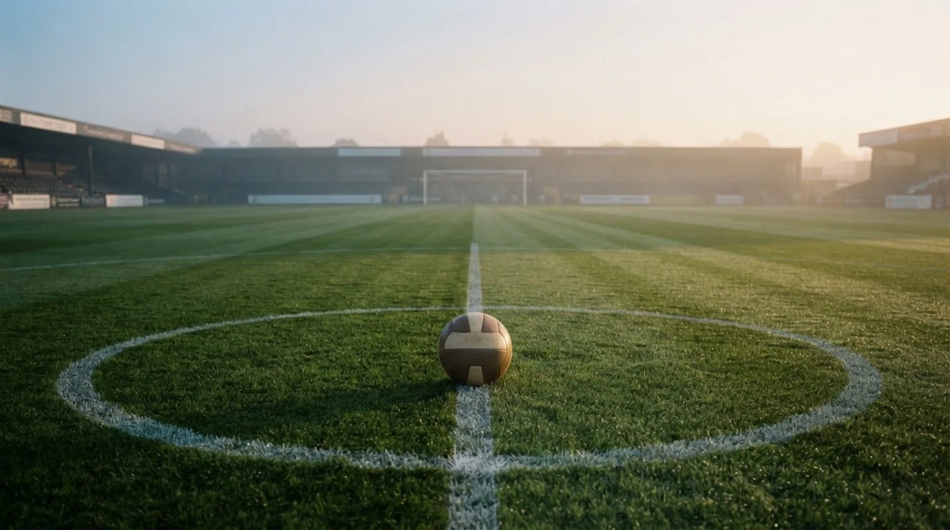 Ein Fußball liegt auf dem Anstoßkreis eines leeren Rasenplatzes im frühen Morgenlicht.