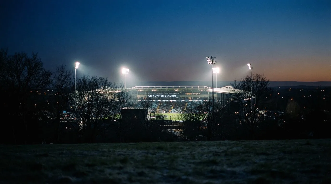 Ein Stadion unter Flutlicht aus großer Entfernung, davor die Silhouetten von Bäumen im Abendhimmel.