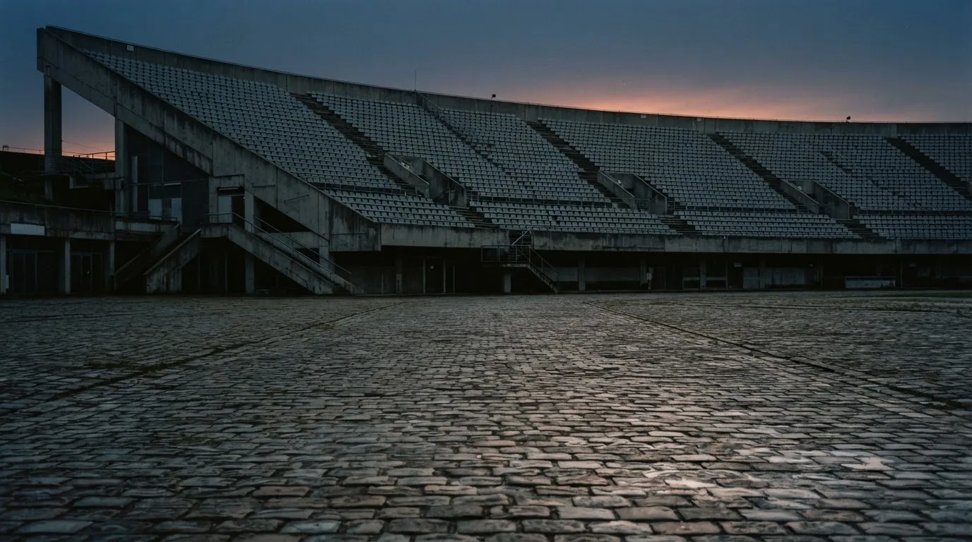 Die Rückseite einer Tribüne bei Dämmerung, davor ein menschenleerer Vorplatz mit Pflastersteinen.
