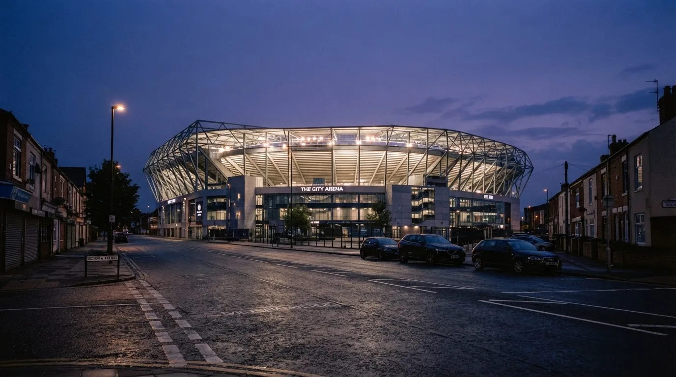 Ein Stadion aus der Ferne bei Flutlicht, davor eine ruhige Straße in der Abenddämmerung.